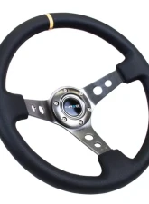 NRG Reinforced Sport Steering Wheel 350mm 3 Inch Deep Gun Metal Spoke Round holes Black Leather Yellow Center Mark                                     - RST-006GM-Y - Image 2