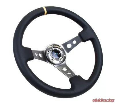 NRG Reinforced Sport Steering Wheel 350mm 3 Inch Deep Gun Metal Spoke Round holes Black Leather Yellow Center Mark - RST-006GM-Y