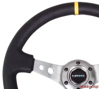 NRG Reinforced Sport Steering Wheel 350mm 3 Inch Deep Gun Metal Spoke Round holes Black Leather Yellow Center Mark - RST-006GM-Y