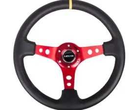 NRG Reinforced Sport Steering Wheel 350mm 3 Inch Deep Red Spoke Round holes Black Leather Yellow Center Mark