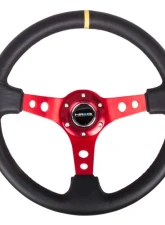 NRG Reinforced Sport Steering Wheel 350mm 3 Inch Deep Red Spoke Round holes Black Leather Yellow Center Mark                                     - RST-006RD-Y - Image 3