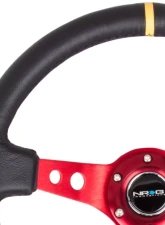 NRG Reinforced Sport Steering Wheel 350mm 3 Inch Deep Red Spoke Round holes Black Leather Yellow Center Mark                                     - RST-006RD-Y - Image 2