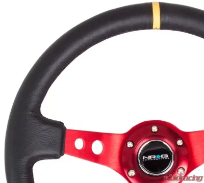 NRG Reinforced Sport Steering Wheel 350mm 3 Inch Deep Red Spoke Round holes Black Leather Yellow Center Mark - RST-006RD-Y