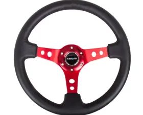 NRG Reinforced Sport Steering Wheel 350mm 3 Inch Deep Red Spoke Round holes Black Leather