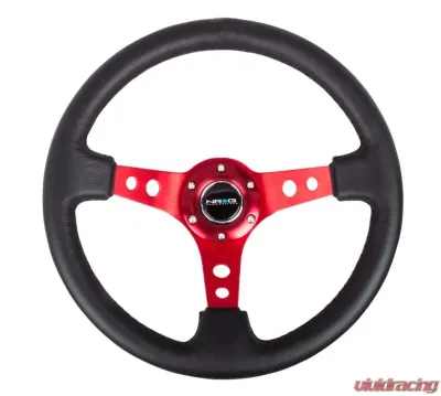 NRG Reinforced Sport Steering Wheel 350mm 3 Inch Deep Red Spoke Round holes Black Leather - RST-006RD