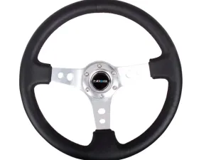 NRG Reinforced Sport Steering Wheel 350mm 3 Inch Deep Silver Spoke Round holes Black Leather