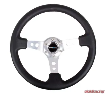 NRG Reinforced Sport Steering Wheel 350mm 3 Inch Deep Silver Spoke Round holes Black Leather - RST-006SL