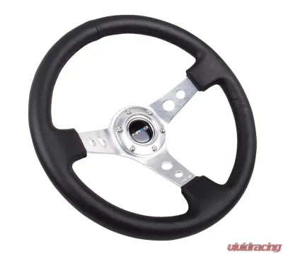NRG Reinforced Sport Steering Wheel 350mm 3 Inch Deep Silver Spoke Round holes Black Leather - RST-006SL