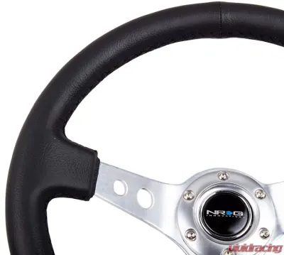 NRG Reinforced Sport Steering Wheel 350mm 3 Inch Deep Silver Spoke Round holes Black Leather - RST-006SL