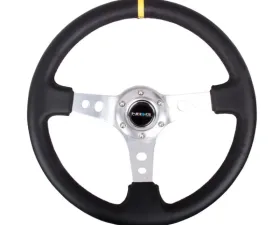 NRG Reinforced Sport Steering Wheel 350mm 3 Inch Deep Silver Spoke Round holes Black Leather Yellow Center Mark