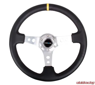 NRG Reinforced Sport Steering Wheel 350mm 3 Inch Deep Silver Spoke Round holes Black Leather Yellow Center Mark - RST-006SL-Y