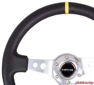 NRG Reinforced Sport Steering Wheel 350mm 3 Inch Deep Silver Spoke Round holes Black Leather Yellow Center Mark - RST-006SL-Y