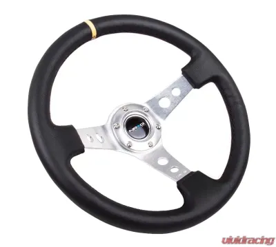 NRG Reinforced Sport Steering Wheel 350mm 3 Inch Deep Silver Spoke Round holes Black Leather Yellow Center Mark - RST-006SL-Y
