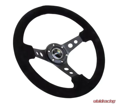 NRG Reinforced Sport Steering Wheel 350mm 3 Inch Deep Black Spoke Suede Black Stitch Black Center Mark - RST-006-S