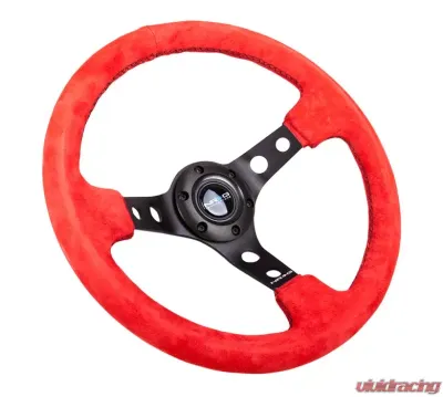 NRG Reinforced Sport Steering Wheel 350mm 3 Inch Deep Black Spoke Red Suede - RST-006S-RR