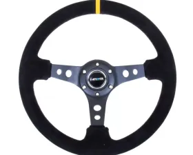 NRG Reinforced Sport Steering Wheel 350mm 3 Inch Deep Black Spoke Suede Black Stitch Yellow Center Mark