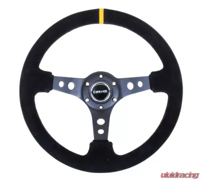NRG Reinforced Sport Steering Wheel 350mm 3 Inch Deep Black Spoke Suede Black Stitch Yellow Center Mark - RST-006S-Y