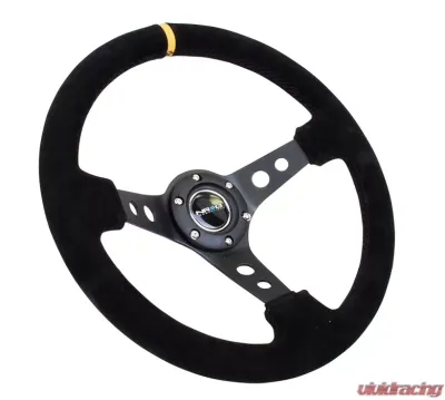 NRG Reinforced Sport Steering Wheel 350mm 3 Inch Deep Black Spoke Suede Black Stitch Yellow Center Mark - RST-006S-Y