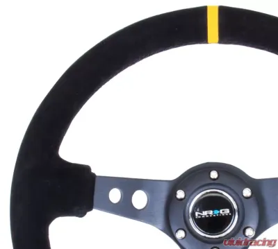 NRG Reinforced Sport Steering Wheel 350mm 3 Inch Deep Black Spoke Suede Black Stitch Yellow Center Mark - RST-006S-Y