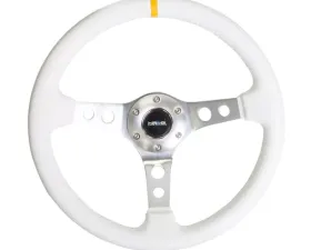 NRG Reinforced Sport Steering Wheel 350mm 3 Inch Deep Silver Spoke with White Leather finish White Stitch