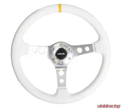 NRG Reinforced Sport Steering Wheel 350mm 3 Inch Deep Silver Spoke with White Leather finish White Stitch - RST-006WT-Y