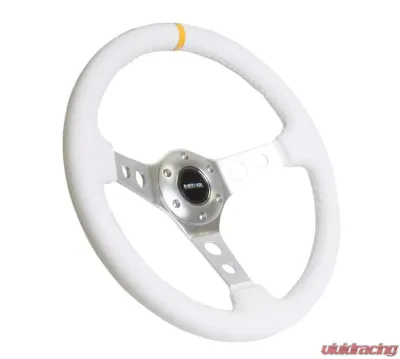 NRG Reinforced Sport Steering Wheel 350mm 3 Inch Deep Silver Spoke with White Leather finish White Stitch - RST-006WT-Y