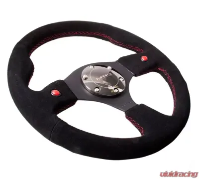 NRG Reinforced Sport Steering Wheel 320mm Dual Button Black Spoke Black Suede - RST-007S