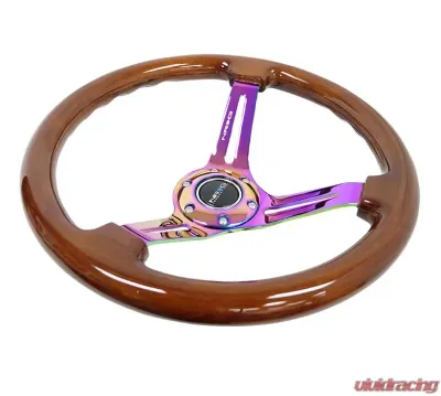 NRG Reinforced Classic Wood Grain Wheel 350mm 3-Spoke Slotted Center Neochrome Brown Painted Wood - RST-018BR-MC