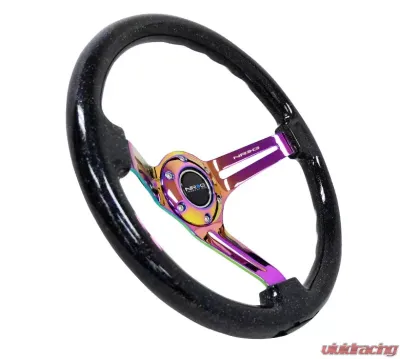NRG Reinforced Classic Wood Grain Wheel 350mm 3-Spoke Slotted Center Neochrome Black Multi-Color Flake Wood - RST-018BSB-MC