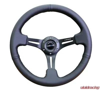 NRG Reinforced Sport Steering Wheel 350mm 3 Inch Deep Black Leather Black Stitching - RST-018R