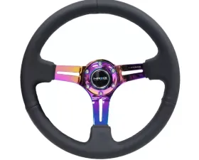 NRG Reinforced Sport Steering Wheel 350mm Leather 3 Inch Deep Black Stitch NeoChrome Slits