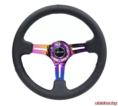 NRG Reinforced Sport Steering Wheel 350mm Leather 3 Inch Deep Black Stitch NeoChrome Slits - RST-018R-MCBS