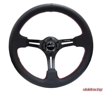 NRG Reinforced Sport Steering Wheel 350mm 3 Inch Deep Black Leather Red Stitching - RST-018R-RS