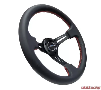 NRG Reinforced Sport Steering Wheel 350mm 3 Inch Deep Black Leather Red Stitching - RST-018R-RS