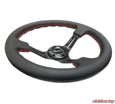 NRG Reinforced Sport Steering Wheel 350mm 3 Inch Deep Black Leather Red Stitching - RST-018R-RS