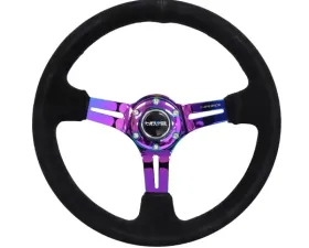 NRG Reinforced Sport Steering Wheel 350mm Suede 3 Inch Deep Black Stitch NeoChrome Slits
