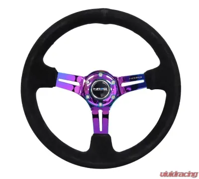 NRG Reinforced Sport Steering Wheel 350mm Suede 3 Inch Deep Black Stitch NeoChrome Slits - RST-018S-MCBS
