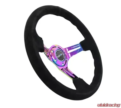 NRG Reinforced Sport Steering Wheel 350mm Suede 3 Inch Deep Black Stitch NeoChrome Slits - RST-018S-MCBS