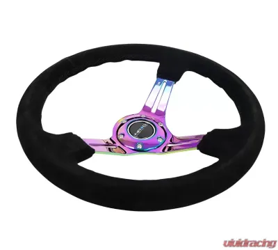 NRG Reinforced Sport Steering Wheel 350mm Suede 3 Inch Deep Black Stitch NeoChrome Slits - RST-018S-MCBS