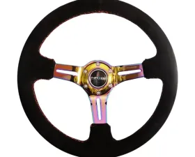 NRG Reinforced Sport Steering Wheel 350mm Suede 3 Inch Deep Red Stitch NeoChrome Slits