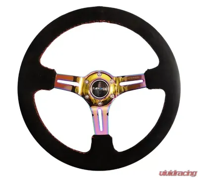NRG Reinforced Sport Steering Wheel 350mm Suede 3 Inch Deep Red Stitch NeoChrome Slits - RST-018S-MCRS