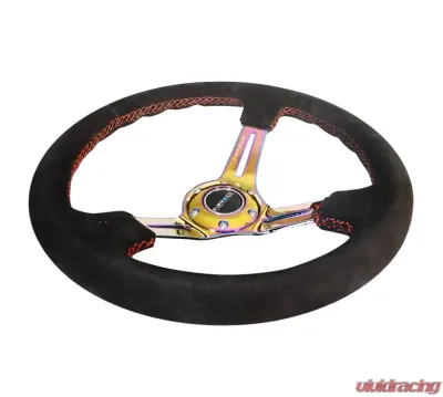 NRG Reinforced Sport Steering Wheel 350mm Suede 3 Inch Deep Red Stitch NeoChrome Slits - RST-018S-MCRS