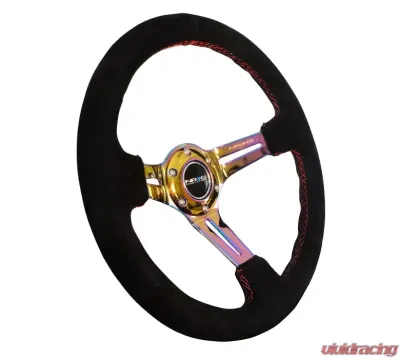 NRG Reinforced Sport Steering Wheel 350mm Suede 3 Inch Deep Red Stitch NeoChrome Slits - RST-018S-MCRS