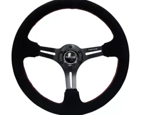 NRG Reinforced Sport Steering Wheel 350mm SUEDE 3 Inch Deep Black Leather with Red Stitch