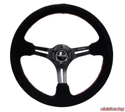 NRG Reinforced Sport Steering Wheel 350mm SUEDE 3 Inch Deep Black Leather with Red Stitch - RST-018S-RS