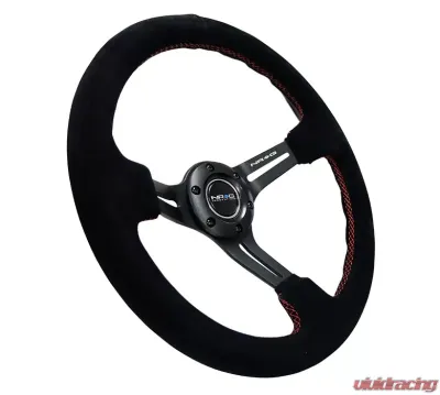 NRG Reinforced Sport Steering Wheel 350mm SUEDE 3 Inch Deep Black Leather with Red Stitch - RST-018S-RS