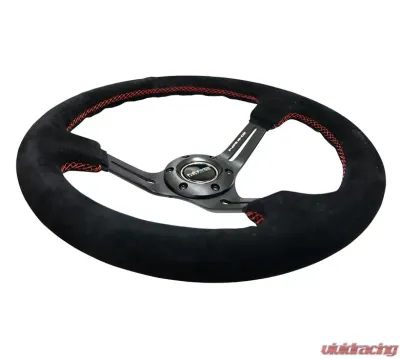 NRG Reinforced Sport Steering Wheel 350mm SUEDE 3 Inch Deep Black Leather with Red Stitch - RST-018S-RS