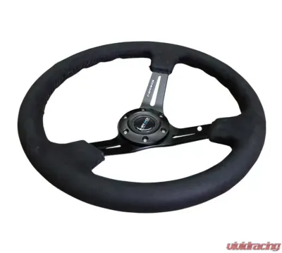 NRG Reinforced Sport Steering Wheel 350mm 3 Inch Deep Black Leather Alcantara Stitching - RST-018SA