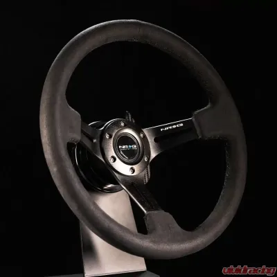 NRG Reinforced Sport Steering Wheel 350mm 3 Inch Deep Black Leather Alcantara Stitching - RST-018SA