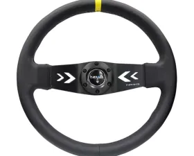 NRG Reinforced Sport Steering Wheel 350mm NRG Arrow cut out 2-Spoke Leather 3 Inch Deep Black Suede Yellow Center Marking